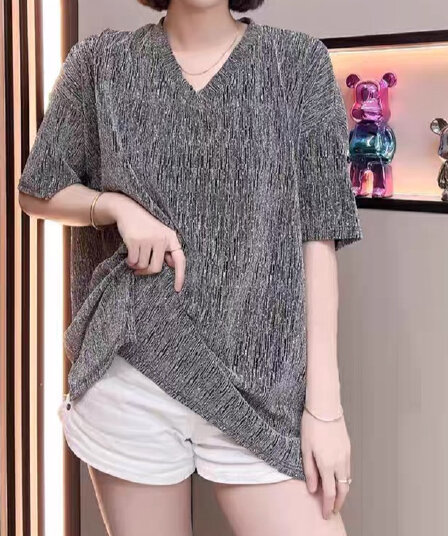 재고 있음 유럽 역 무거운 작업 핫픽스 티셔츠 여성 여름 루즈핏 중간 길이 Chic V넥 반팔 레트로 고급 센스 맨위