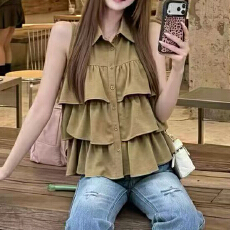 批发有货法式多层荷叶边翻领无袖背心<b class='q'>女</b>夏设计感宽松坎肩气质<b class='q'>衬衫</b>上衣