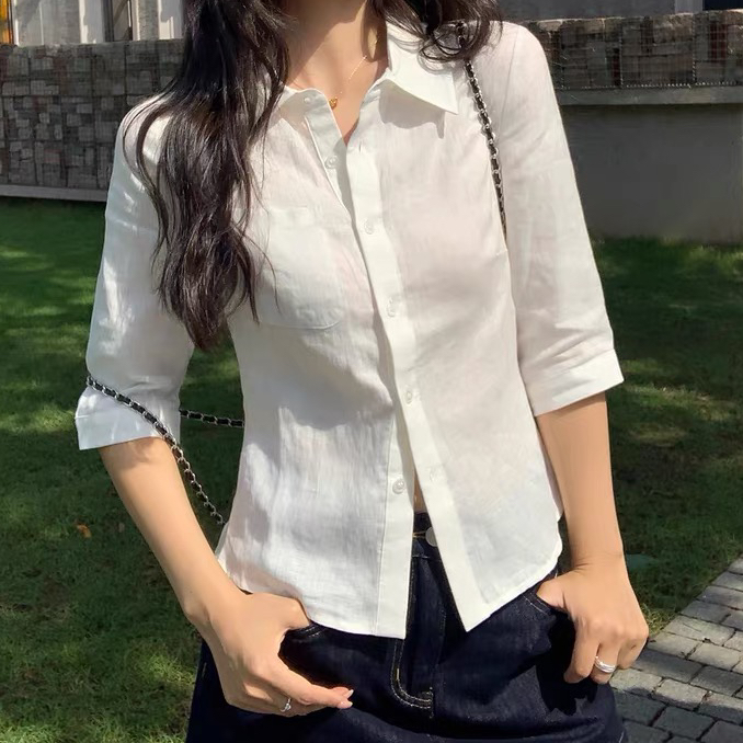 재고 있음 오래된 돈 바람 아마 중간 소매 몸매 가꾸기 여성 셔츠 출퇴근 셔츠 스트랩 허리 수축 슬림해 보이는 품격 맨위