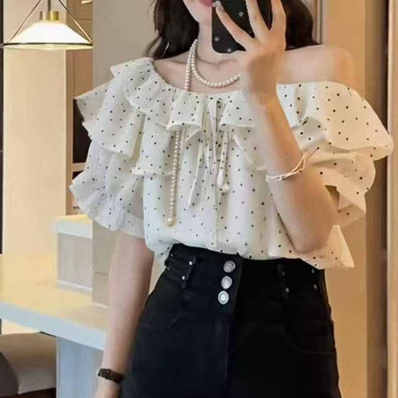재고 있음 한 부서 도트 무늬 프릴 반팔 쉬폰 블라우스 여름 새로운 오프숄더 둘 착용 맨위 아름다운 슬림해 보이는 셔츠