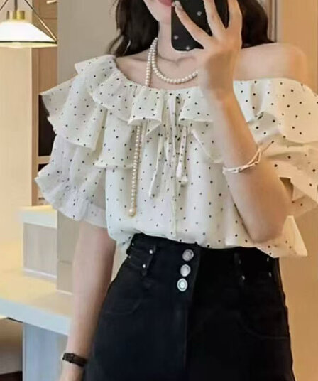 재고 있음 한 부서 도트 무늬 프릴 반팔 쉬폰 블라우스 여름 새로운 오프숄더 둘 착용 맨위 아름다운 슬림해 보이는 셔츠