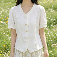 批发有货小香风V领泡泡袖<b class='q'>蕾丝</b>衬衫短袖收腰宽松显瘦时尚百搭<b class='q'>开衫</b>上衣