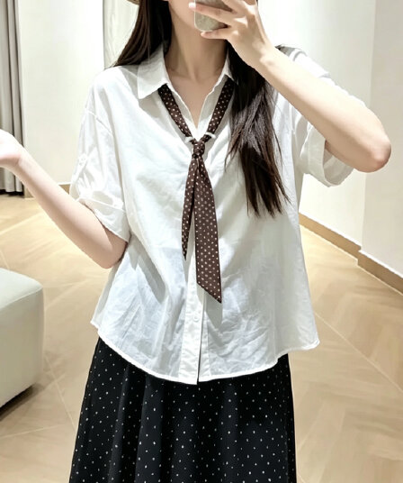 재고 있음 프랑스식 고급 센스 도트 무늬 스카프 5 점 소매 여성 셔츠 여름 새로운 디자인 센스 작은 대중 맨위