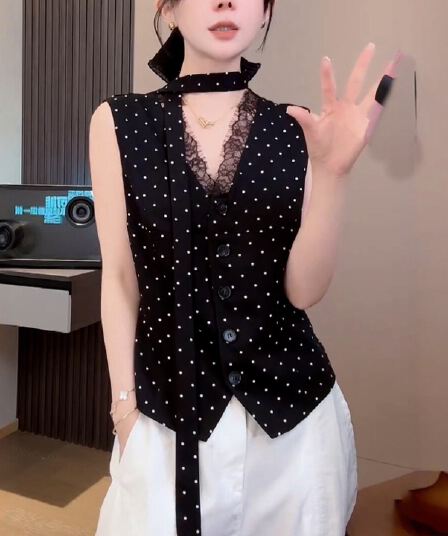 재고 있음 도트 무늬 요소 민소매 V넥 쉬폰 블라우스 도트 무늬 패치워크 레이스 맨위