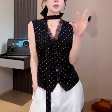 有货波点元素无袖V领雪纺衫波点拼接蕾丝上衣