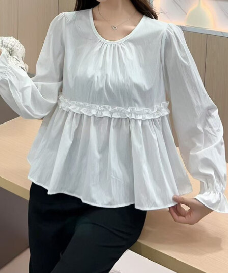 재고 있음 새로운 프랑스식 살구 색상 프릴 패치워크 긴팔 여성 셔츠 빛 럭셔리 고급 센스 나팔 소매 루즈핏 맨위