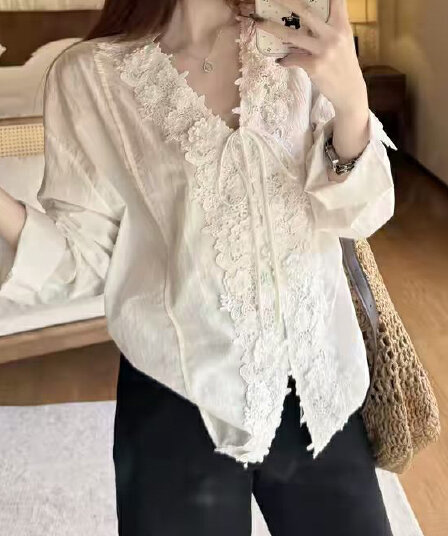 재고 있음 품격 단색 무거운 작업 레이스 V넥 긴팔 셔츠 여성 의류 가을 다용도 루즈핏 Chic 맨위