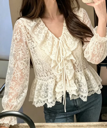 재고 있음 빅 사이즈 프랑스식 레이스 V넥 레이스업 긴팔 셔츠 봄 가을 새로운 연꽃 잎 레이스 자수 디자인 센스 맨위