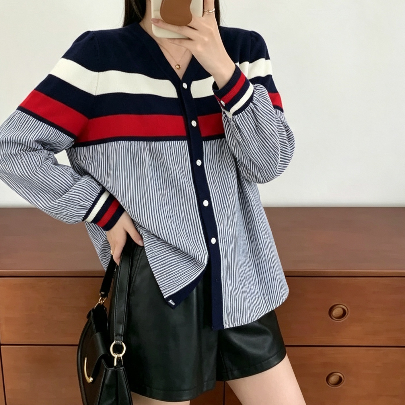 RY7670# 有货韩版宽松大件条纹拼接长袖衬衫彩条撞色V领开衫