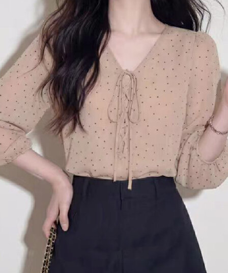 재고 있음 봄 가을 새로운 한 부서 부드러운 바람 V넥 벌룬 소매 도트 무늬 여성 셔츠 아름다운 착용 가져 가라. 아니요 명중 섹션 맨위