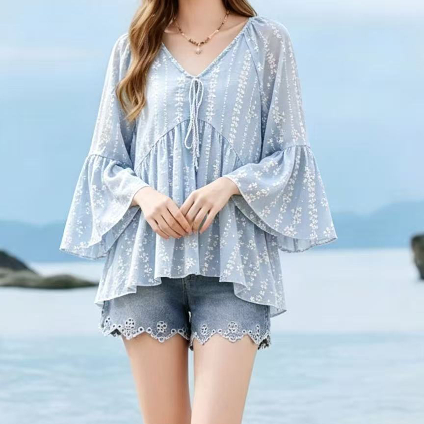 蕾丝衫七分袖V领衬衫女春夏秋大...