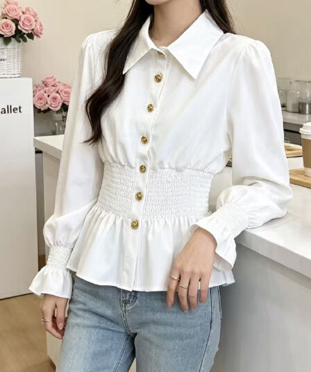 재고 있음 프랑스식 고급 센스 품격 나팔 소매 폴로 칼라 여성 셔츠 봄 가을 새로운 허리 수축 슬림해 보이는 싱글 줄 버튼 맨위