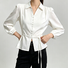 批发有货粉色Polo长袖打底衬衫女春秋<b class='q'>胖</b>mm<b class='q'>显瘦</b>高级感系带收腰遮肚上衣