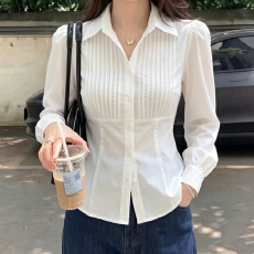 批发有货高级感V领正肩白色长袖衬衫女春秋新款小衫大码<b class='q'>胖</b>mm<b class='q'>收腰</b>上衣