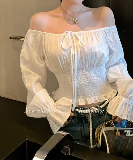 재고 있음 봄 가을 새로운 긴팔 쉬폰 블라우스 프랑스식 낭만주의 오프숄더 레이스 조각 허리 수축 슬림해 보이는 흰 셔츠