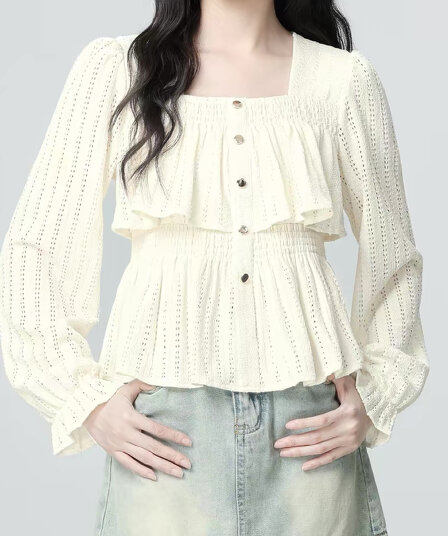재고 있음 프랑스식 광장 칼라 긴팔 여성 셔츠 봄 가을 새로운 프릴 홀로우 아웃 디자인 센스 셔츠 프릴 맨위