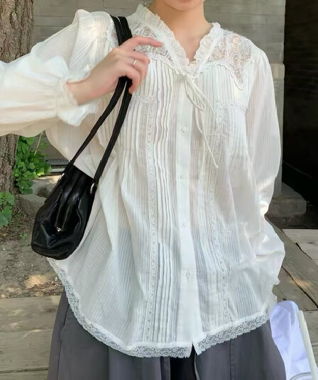 재고 있음 가을 새로운 달콤함 V넥 레이스 장기 주름 레이스 긴팔 여성 셔츠
