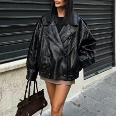 批发有货秋<b class='q'>冬</b>新款女装欧美风外贸时尚百搭宽松荔枝纹仿皮夹克外套