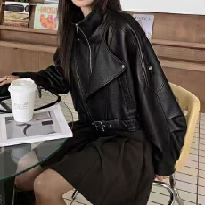 批发有货时尚皮外套秋冬新款女装短款机车宽松廓形显瘦皮夹克