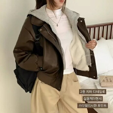 批发有货韩国chic秋冬小众复古拉链宽松百搭假两件连帽皮衣外套加兔毛
