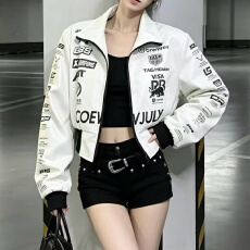 批发有货美式字母炸街辣妹印花螺纹收腰PU皮衣外套春秋新款夹克机车服