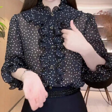 批发有货春秋新款雪纺衫女时尚衬衣木耳花边波点上衣妈妈波点衬衫小衫