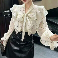 批发有货荷叶边系带<b class='q'>雪纺</b><b class='q'>长袖</b><b class='q'>衬衫</b>女秋季新款高级法式小众上衣开衫