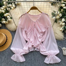 批发有货法式通勤风亲肤透气荷叶边衬衫女新款长袖粉色宽松开衫上衣
