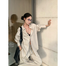 批发实拍实价 条纹<b class='q'>衬衫</b>套<b class='q'>装</b>女夏季高级感宽松慵懒风休闲长<b class='q'>裤</b>两件套