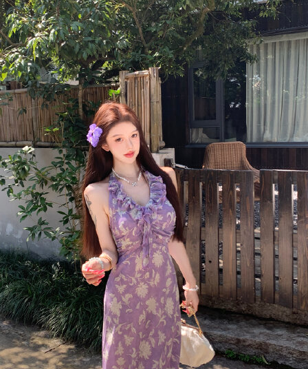 실사 정가 대 꽃 프릴 행침 목 스트랩 여성 드레스 2025 여름 새로운 레트로 타이트 스커트 프린트 치마