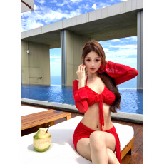 批发实拍实价 泳衣女四件套性感纯欲遮肉显白复古辣妹泡温泉度假长袖