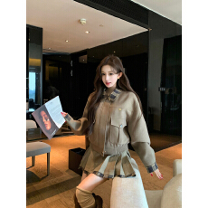 批发实拍实价 短款毛呢外套咖色大衣女秋冬套装miu系千金百褶半身裙