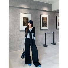 实拍实价 时髦套组 假两件长袖tee/空气层宽腰针织裤