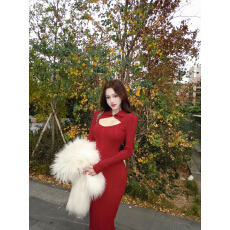 批发实拍实价 东方鸢尾 镂空肌理修身长袖针织包臀<b class='q'>连衣裙</b>