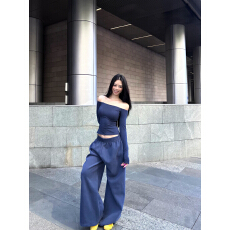 批发实拍实价 秋冬休闲套装女慵懒纯色露肩长袖针织打底衫卫裤两件套