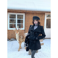 实拍实价 博主ranran同款黑色古早修身显瘦正肩毛呢大衣复古外套