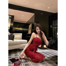 批发实拍实价 红玫瑰*女人味红色雪尼尔<b class='q'>蕾丝</b>性感纯欲气质吊带连衣长裙