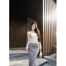 批发实拍实价 多种蕾丝拼接美背高弹打底衫+秋冬鱼尾针织半身裙