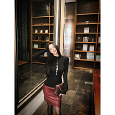 批发实拍实价镂空水滴针织弹力长袖上衣<b class='q'>打底</b>衫+纯欲性感显瘦皮裙/<b class='q'>裙裤</b>