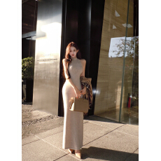 批发实拍实价 无袖挂脖针织长裙掐腰<b class='q'>修身</b>显瘦厚款连衣裙秋冬内搭裙