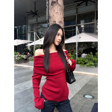 批发实拍实价 圣诞软糯法式复古气质一字领针织衫