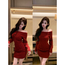 批发实拍实价失落樱桃 红色一字肩毛织连衣裙<b class='q'>女</b>秋冬收腰包臀裙