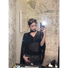 批发实拍实价 高密100D微透雪纺长飘带V领<b class='q'>不规则</b>喇叭袖宽松罩衫上衣