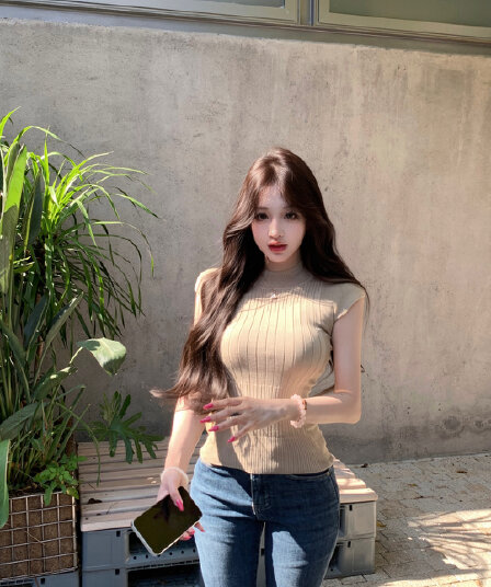 실사 정가 지성 자매 라이 경기 서울 카키 색 작은 날다 소매 티셔츠 여성 봄 여름 몸매 가꾸기 맨위