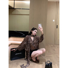 批发实拍实价 美貌野心家'吴宣仪同款!豹纹轻薄雪纺衬衫