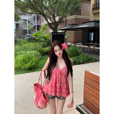 批发实拍实价 恋爱循环 甜辣波点印花吊带背心荷叶<b class='q'>边</b>蛋糕下摆上衣