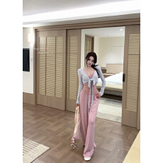 批发实拍实价芭蕾姐姐羊毛针织开衫V领交叉网纱吊带+绵羊毛直筒休闲裤