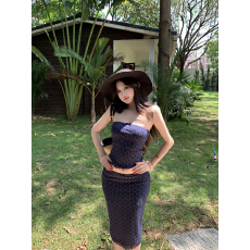 批发实拍实价 普罗旺斯星'藏青色短款抹胸背心女春新款垂感半身裙套装