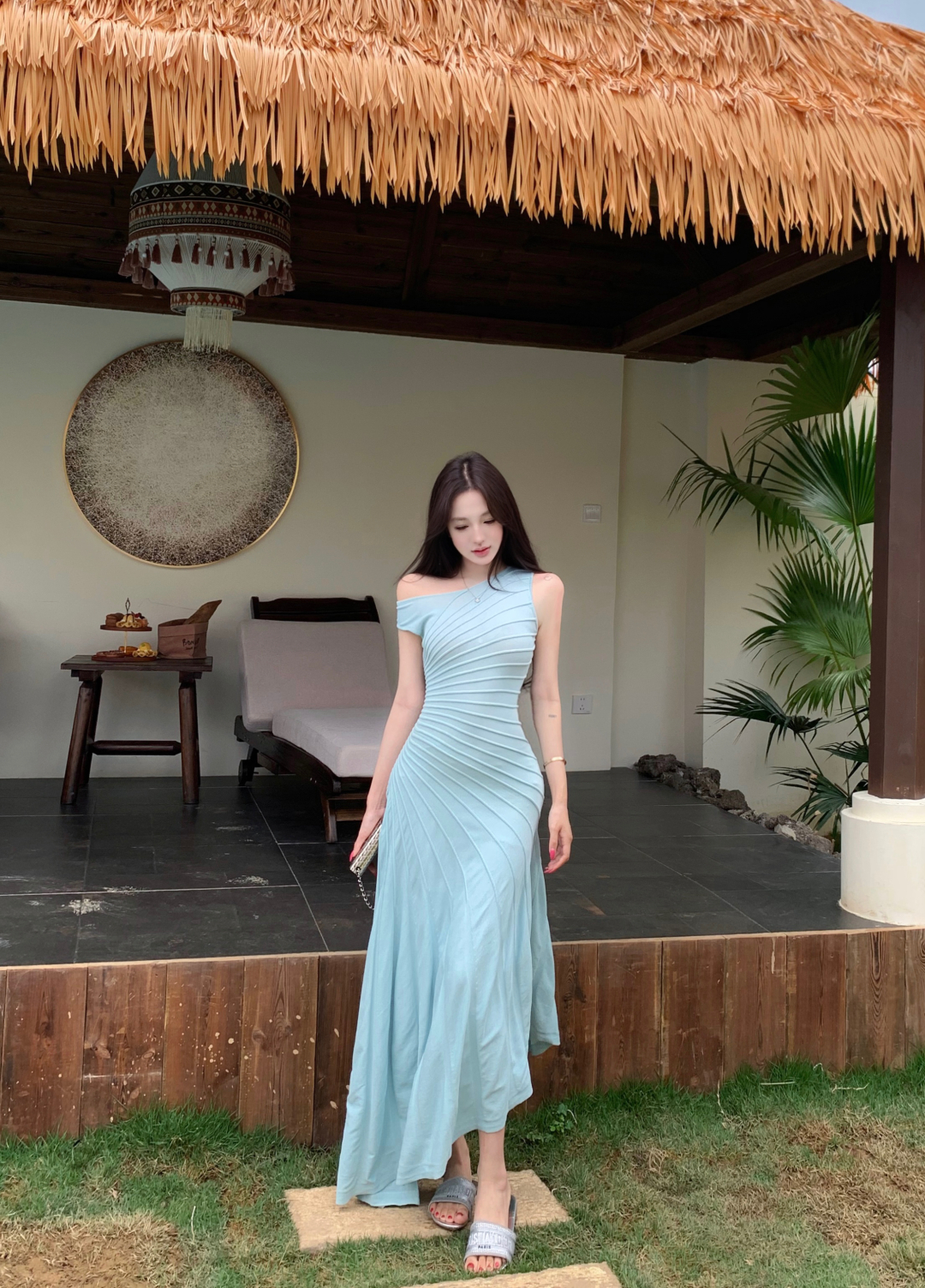 실사 정가 갤러리 봐라. 전시회 박하 녹색 드레스 니트 원피스 여성 여름 허리 수축 슬립 롱 스커트