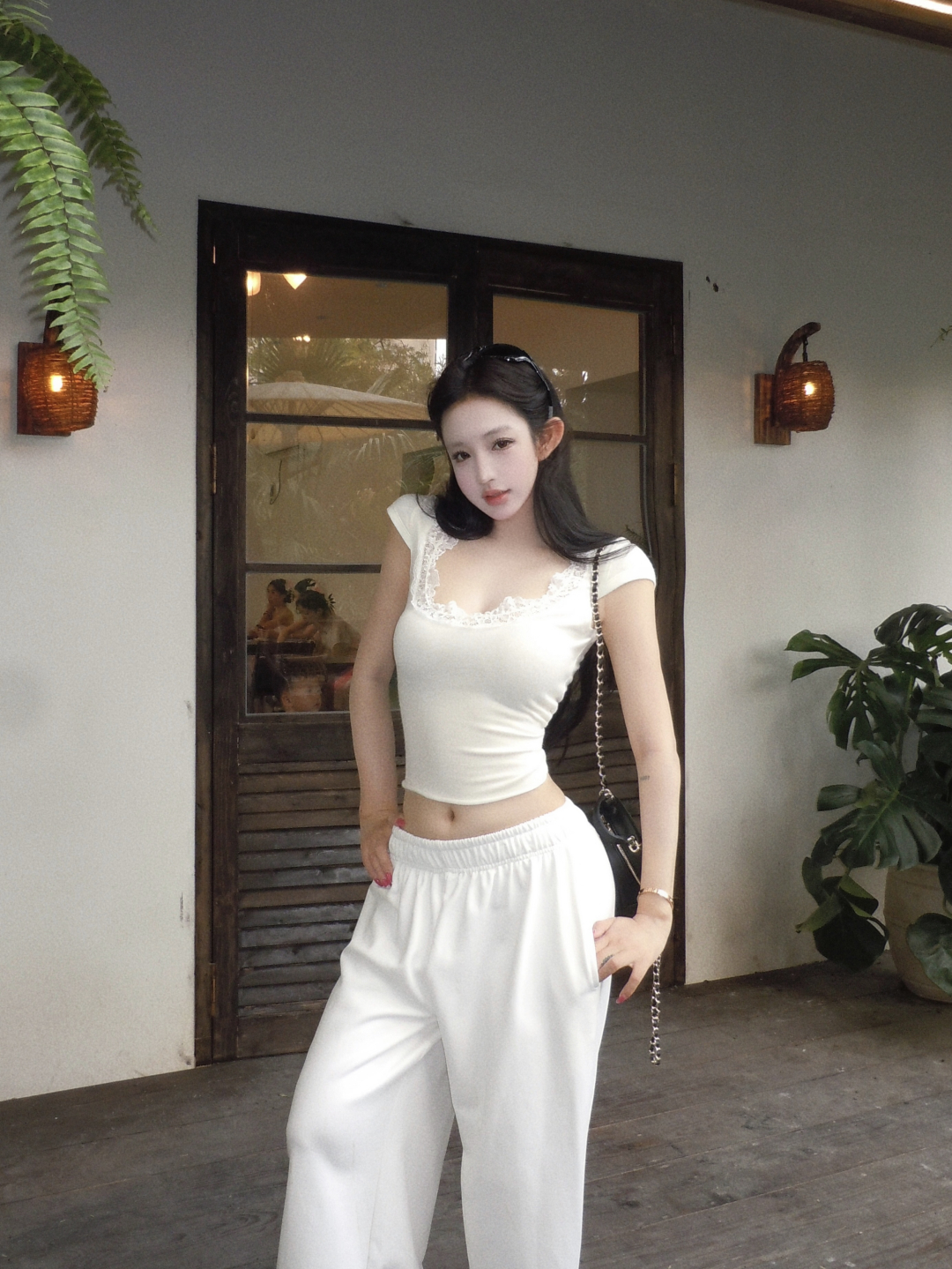 실사 정가 마이크로 낮은 가슴 레이스 조각 니트 티셔츠 웨이 바지 여성 미니멀리즘 패션 다용도 캐주얼 와이드 레그 팬츠